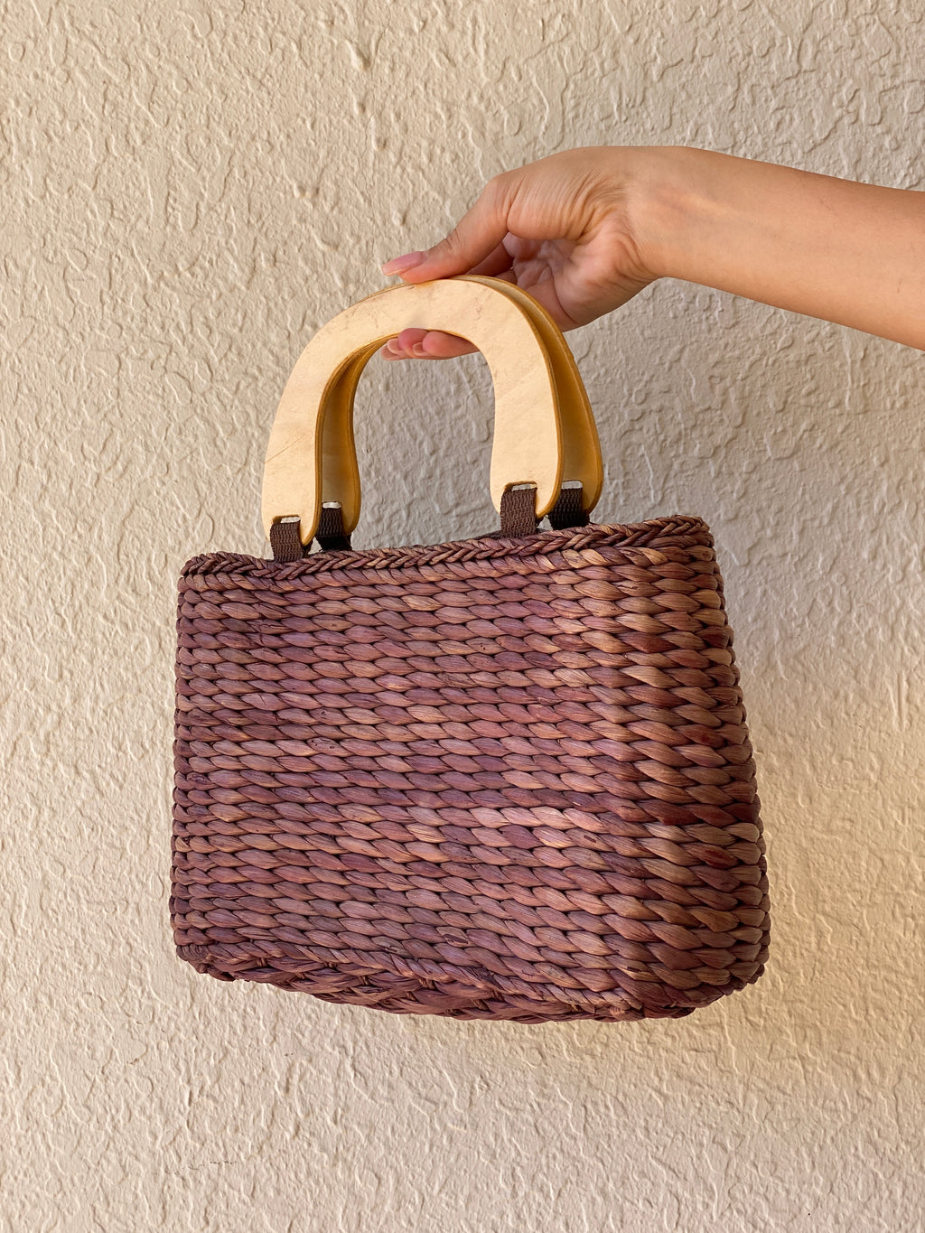 Vintage White Stag Beaded Boho Straw Purse Brown Wood Handle Y2K Brown turquoise Handbag