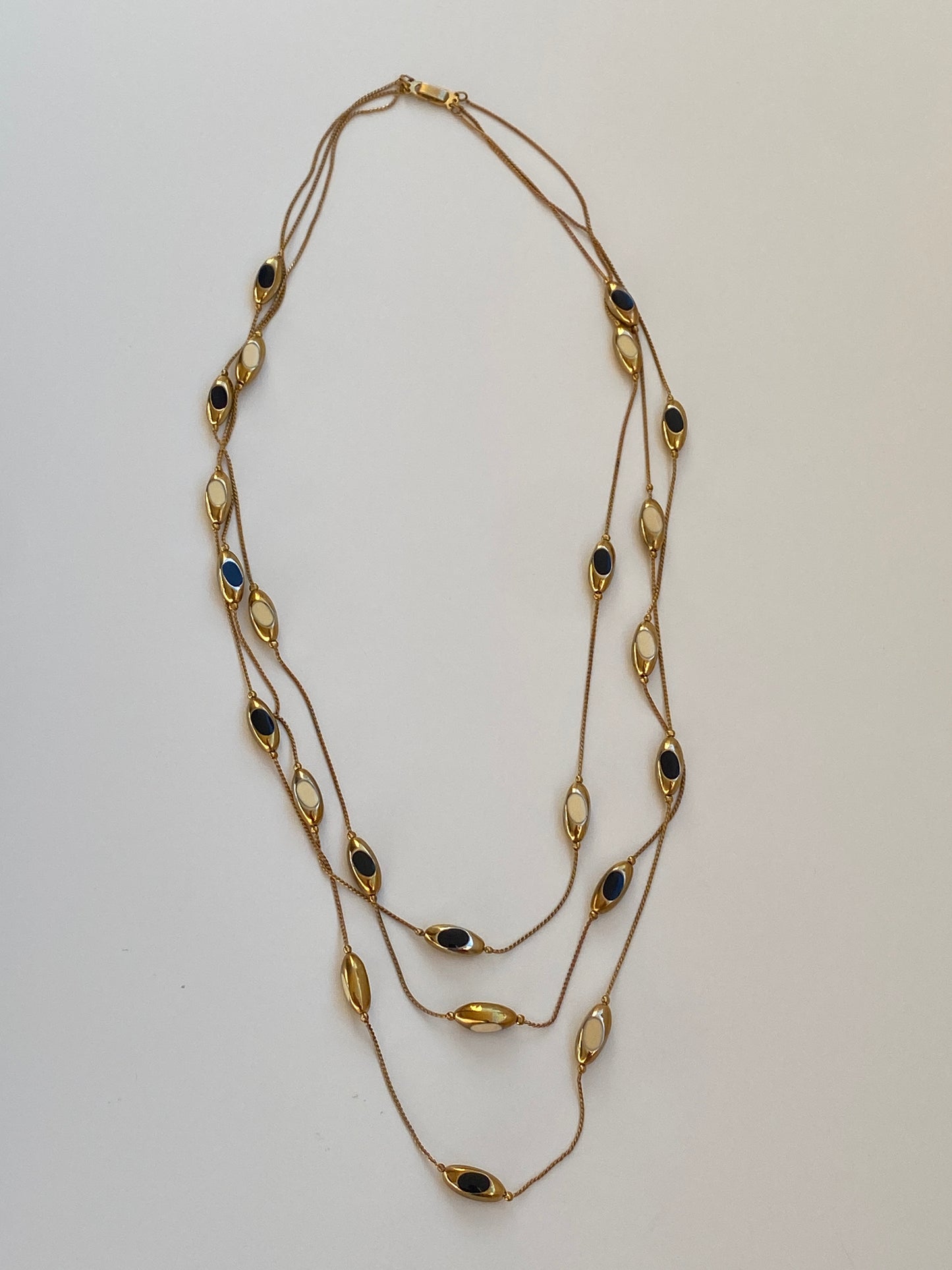 Vintage Y2K Gold-Tone Navy & Ivory Enamel Triple-Strand Long Necklace