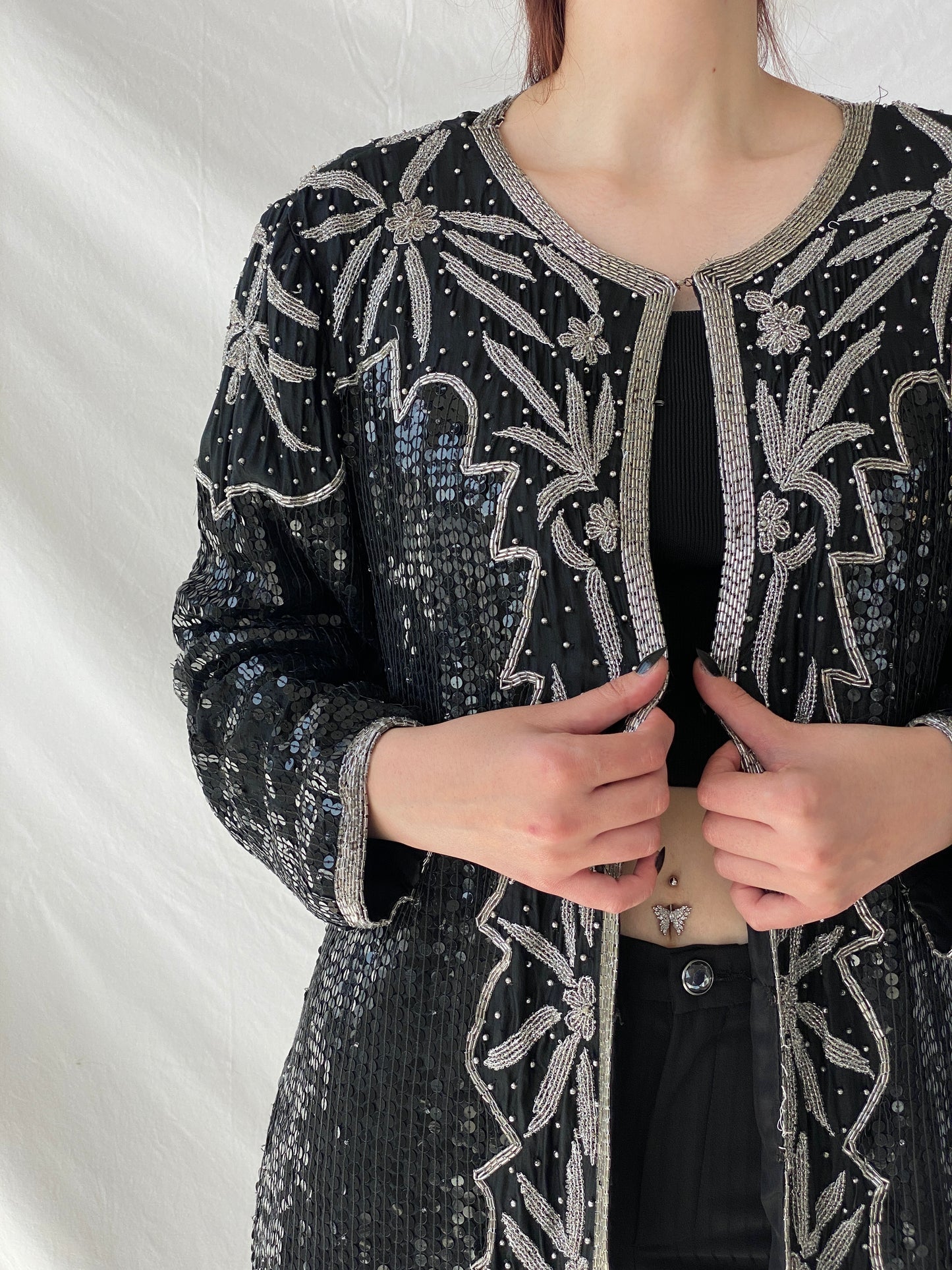 Vintage 80s Midnight Run Black Silver Sequin Beaded Silk Blazer Sparkle Party Jacket - XL