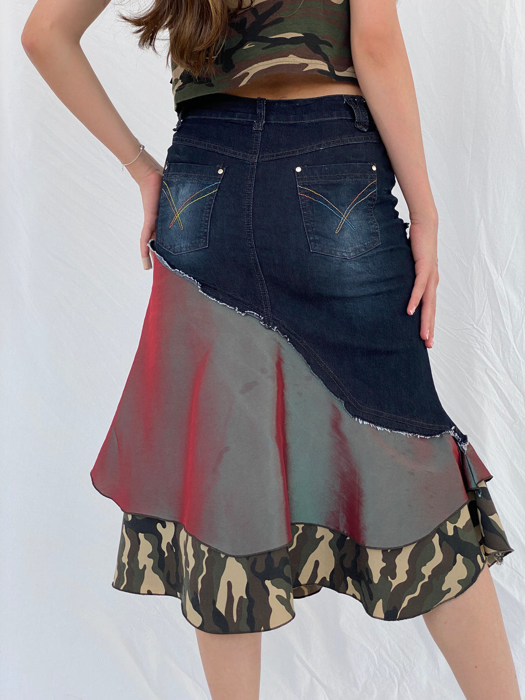 Vintage Y2K Jodel Camo Denim Midi Skirt - S