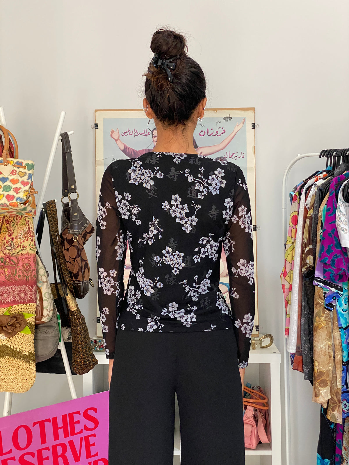 Vintage 90s Y2K Petite Sophisticate Black Floral Mesh Long Sleeve Top - S Vintage 90s Y2K Petite Sophisticate Black Floral Mesh Long Sleeve Top - S