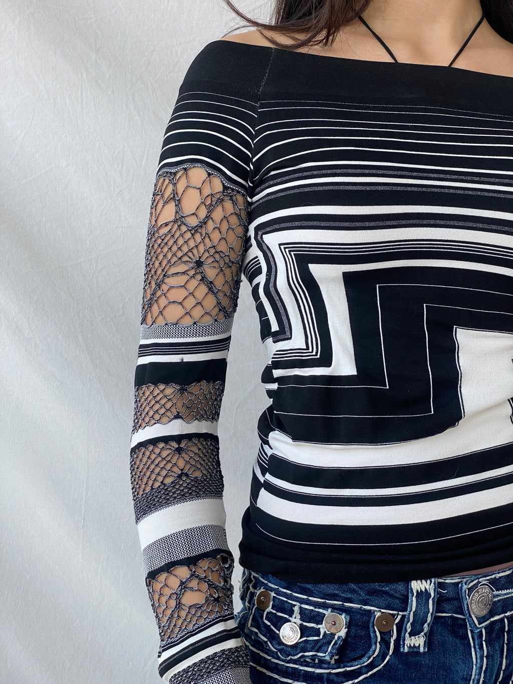 Y2K Sugar Lips Off Shoulder Striped Black & White Women’s Top - S