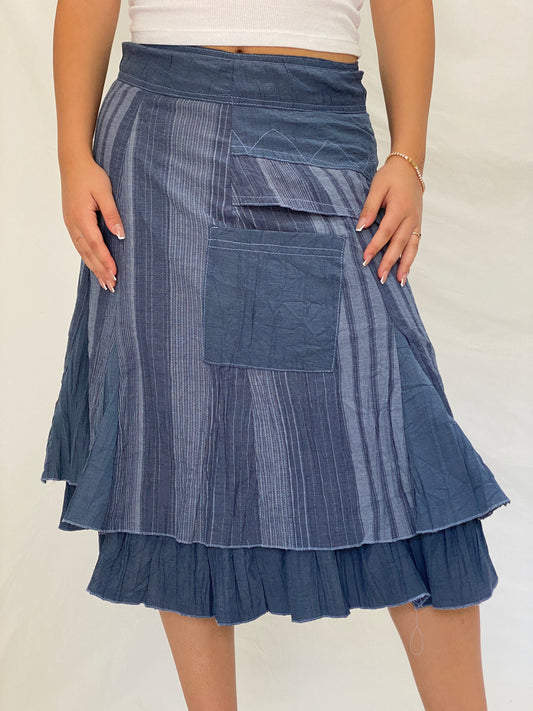 Y2K Affinités Armand Thiery Blue Patchwork Layered Whimsigoth Midi Skirt – L