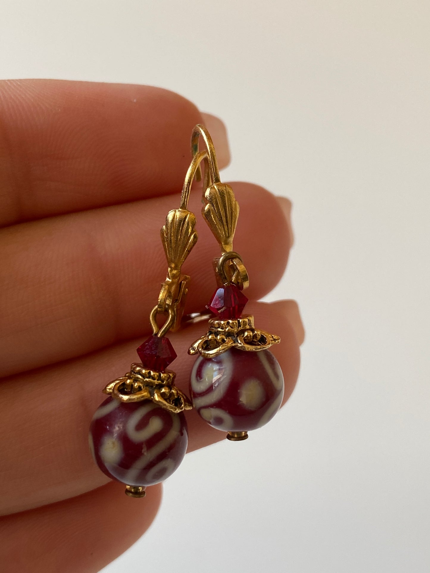 Vintage Burgundy Glass Bead Drop Earrings with Gold Tone Accents