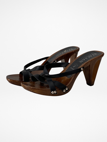 Vintage Y2K Italian Shoemakers Made in Italy Black Strappy Wooden Clog Heels - 39 EU