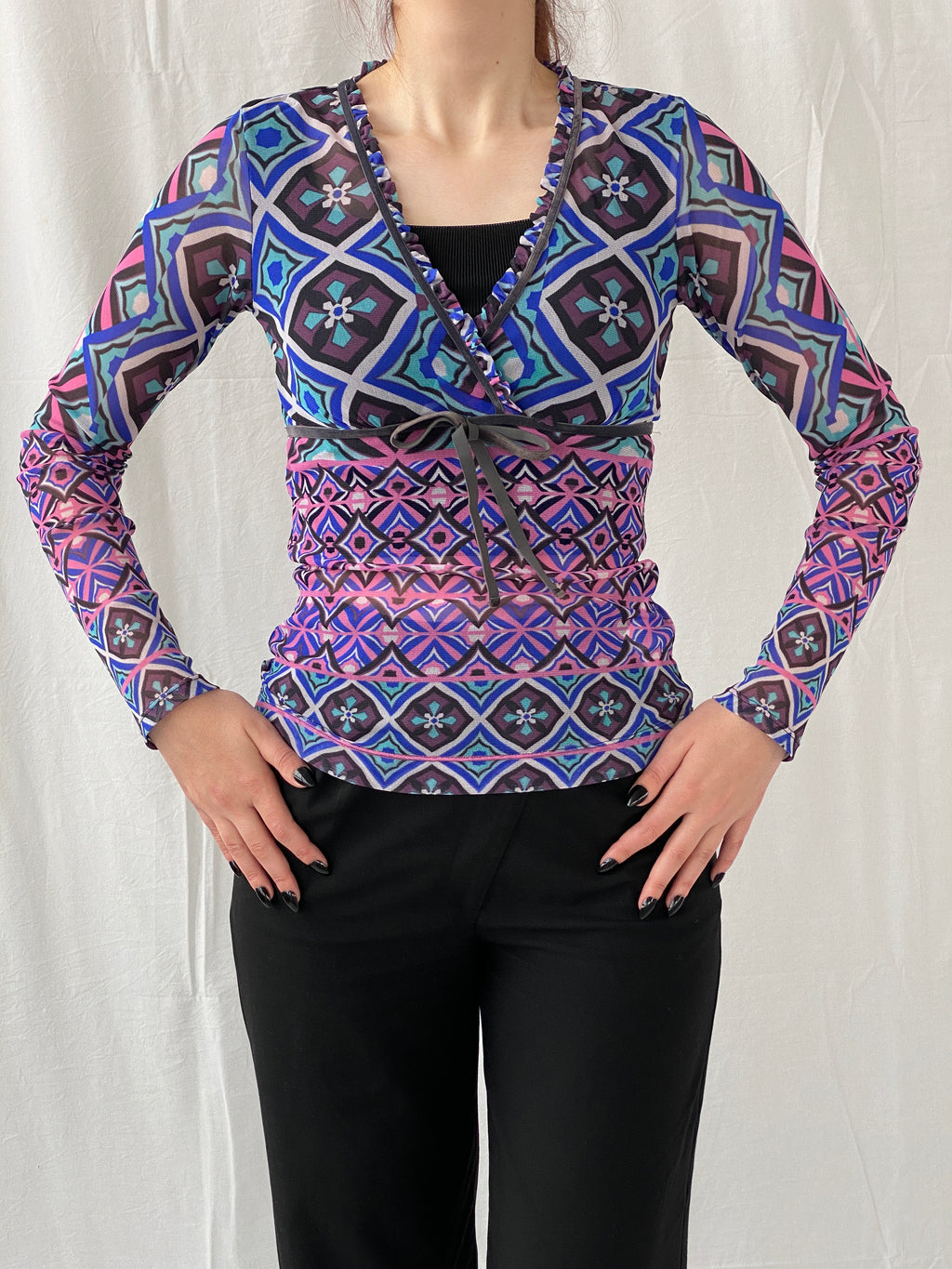 Y2K Mexx Psychedelic Mesh Full Sleeve Women’s Top - S
