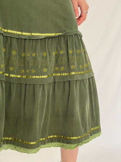 Vintage Y2K Jaune Rouge Paris Olive Green Corduroy Tiered Embroidered Midi Skirt - L