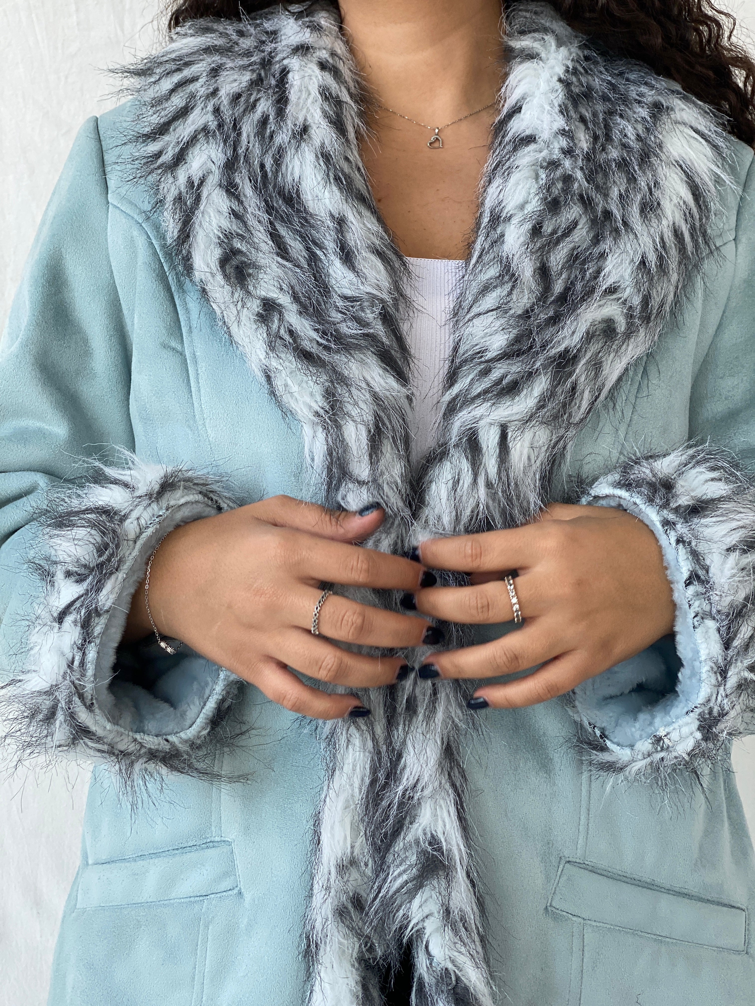 Y2K Blue Faux Fur Afghan Style Penny Lane Coat - 2XL