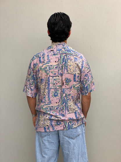 Vintage 90s Microfil Abstract Pastel Print Button-Up Shirt - M