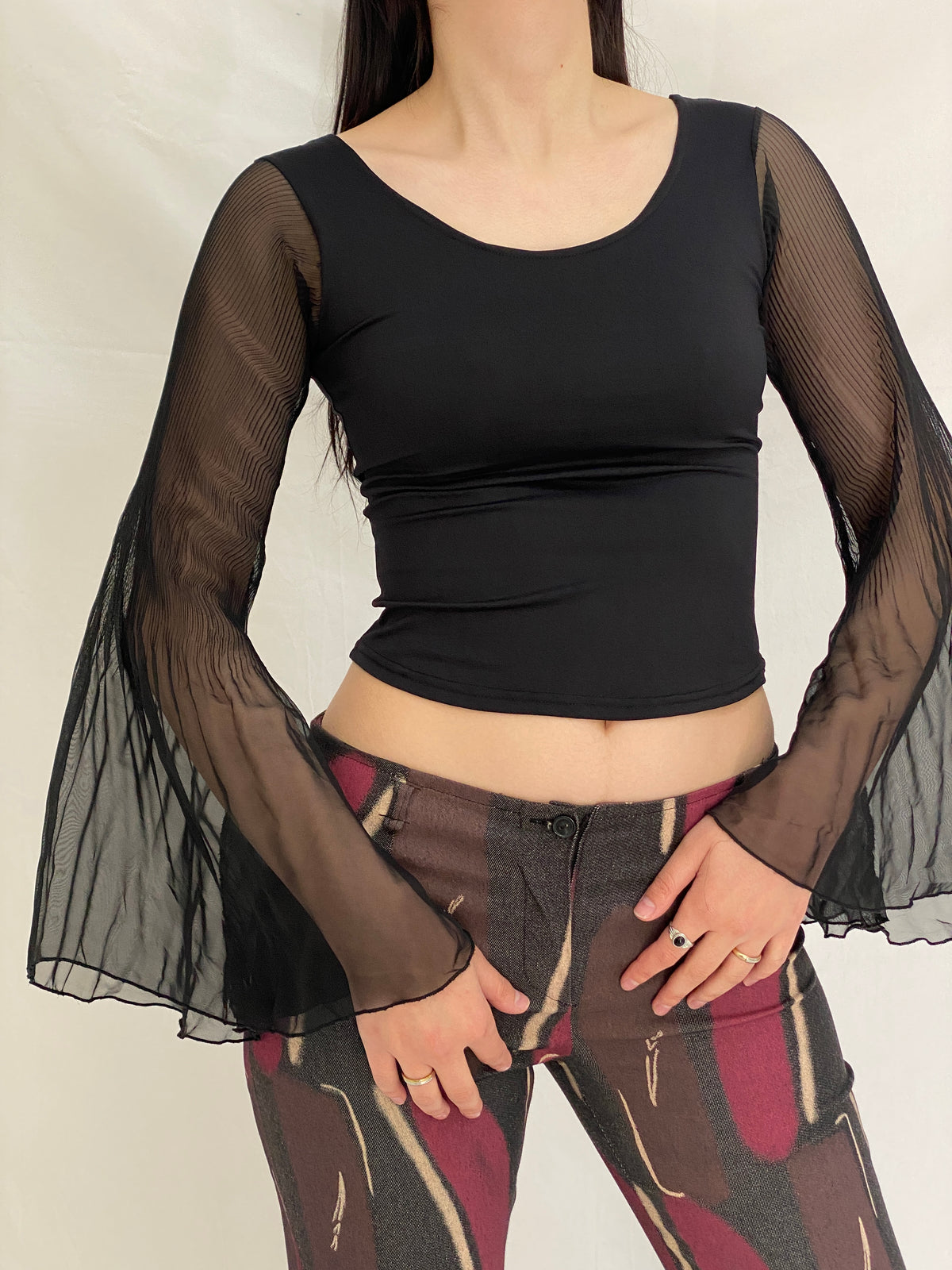 Vintage Y2K Xanaka Black Sheer Bell Long Sleeve Whimsy Goth Top – S Vintage Y2K Xanaka Black Sheer Bell Long Sleeve Whimsy Goth Top – S