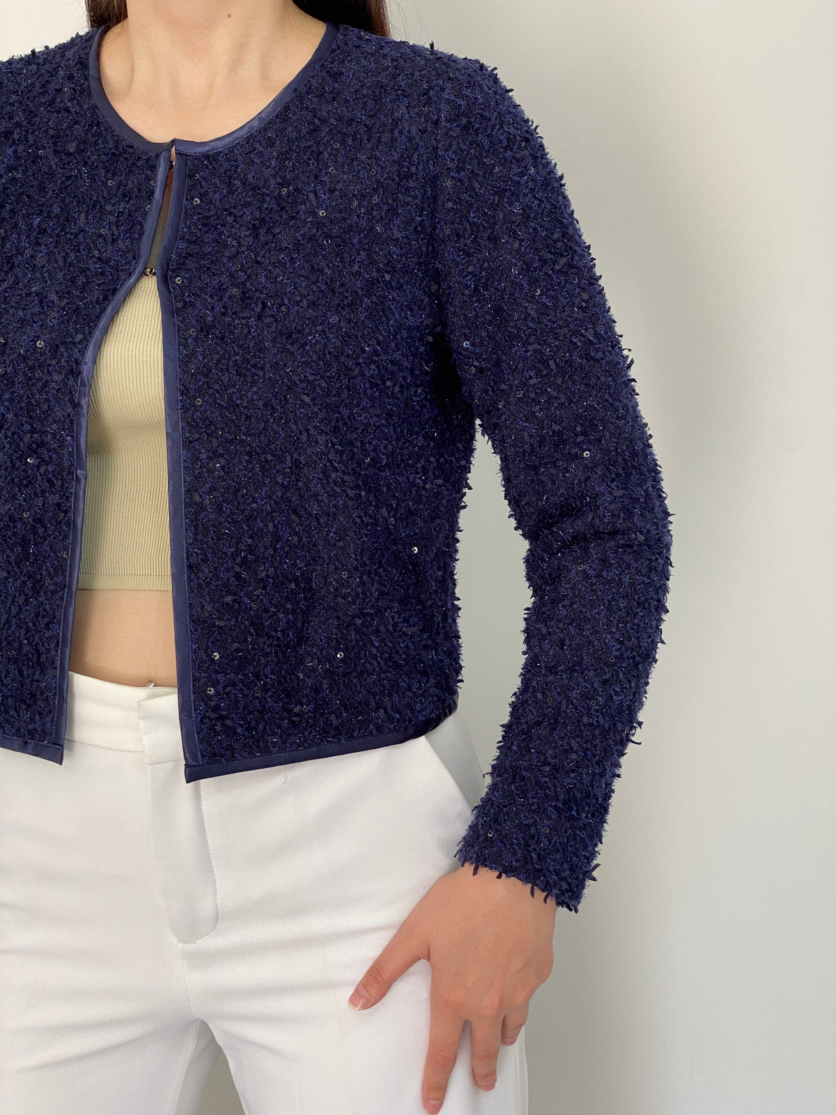 SOMMERMANN Navy Blue Textured Sequin Cardigan Jacket – M