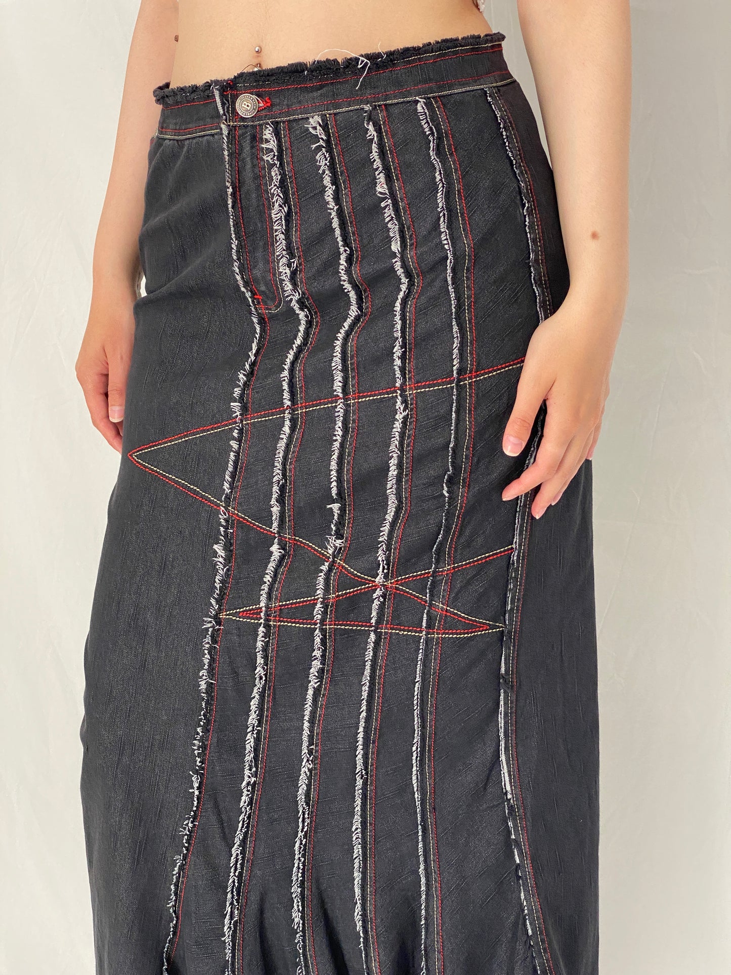 Vintage Y2K Georges Barhel Black Denim Patchwork Maxi Skirt - L