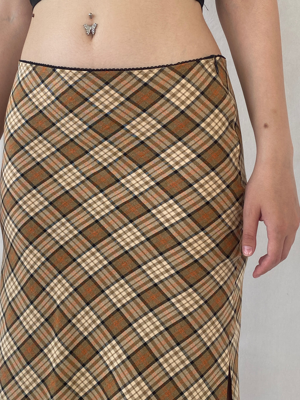Y2K Kookai Beige Plaid Tartan Check Midi Skirt - M