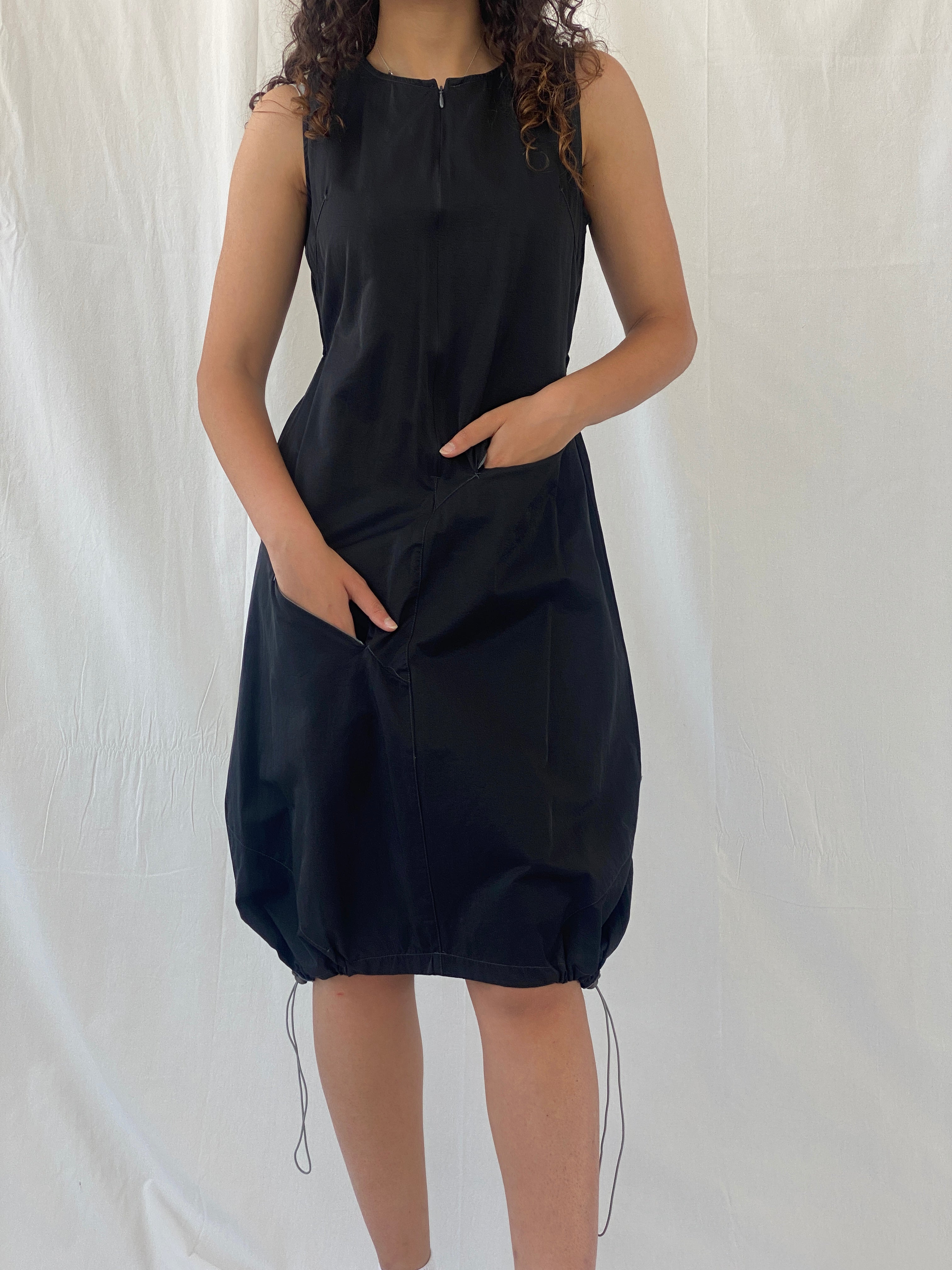 Vintage Y2K Futuristic Tunic Tafetta Whimsygoth Black Drawstring Midi Dress - L