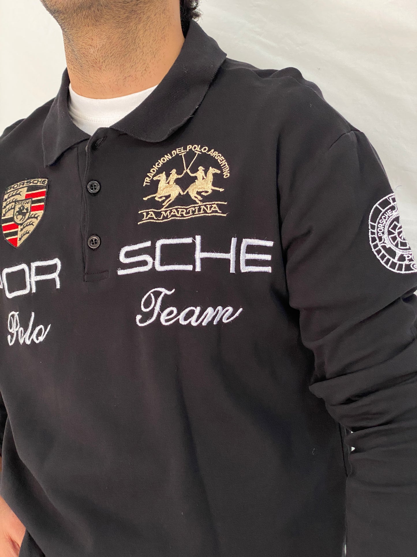 Vintage La Martina Porsche Team Rugby Polo Black Embroidered Long Sleeve Racing Shirt - L