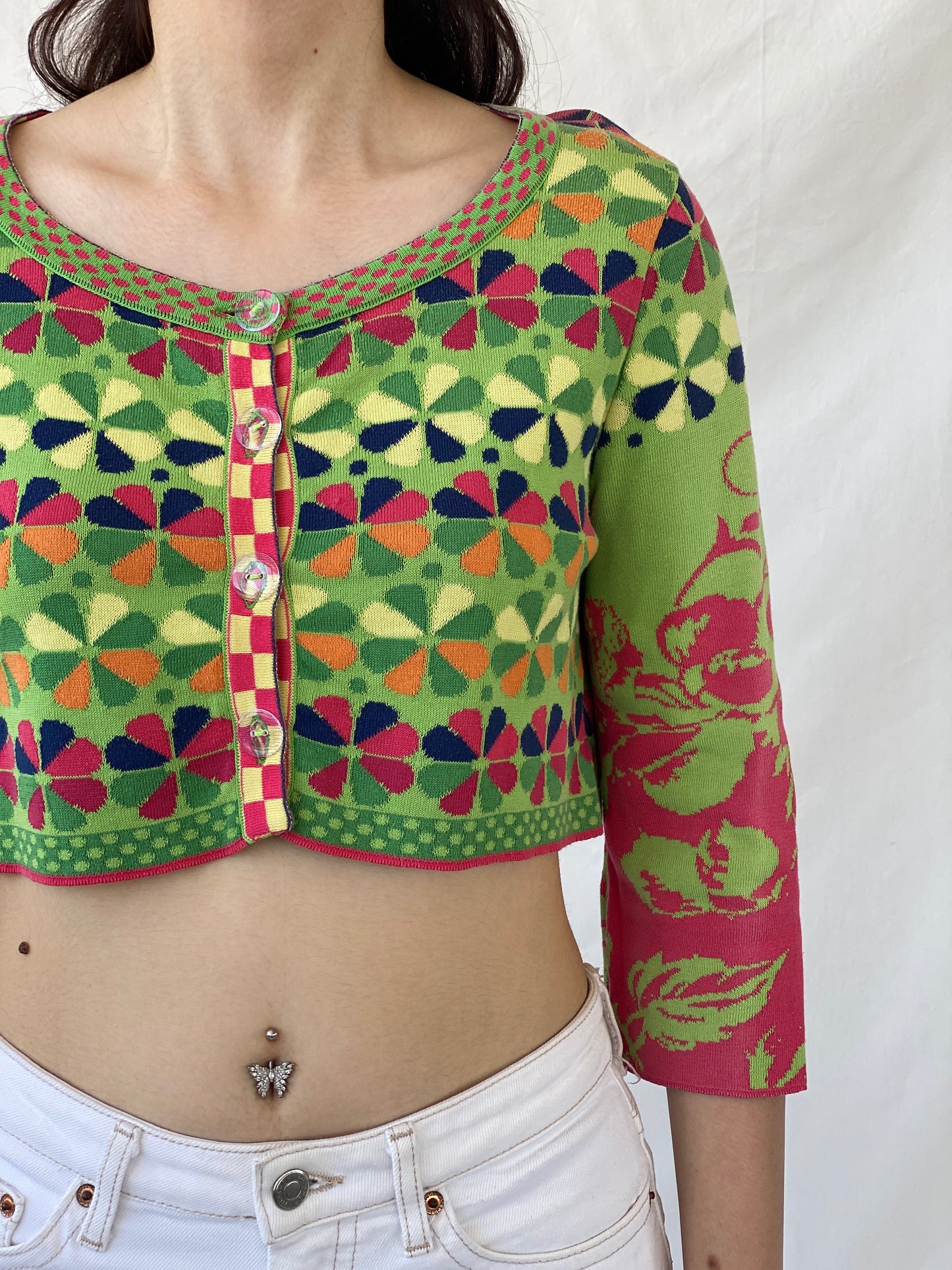 Y2K Ivko Colorful Patterned Cropped Button Up Cardigan - M