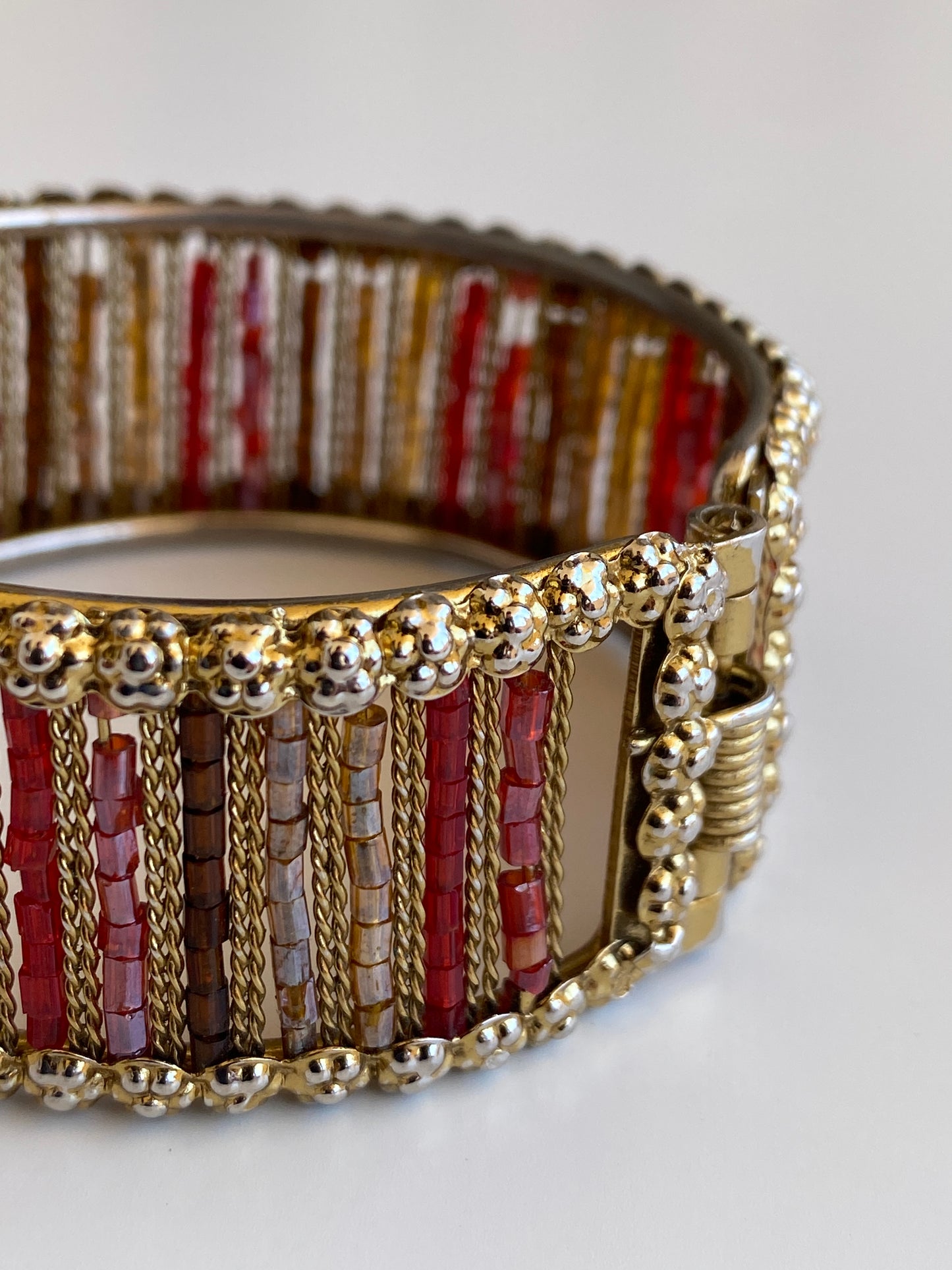 Vintage Gold-Tone Red & Amber Beaded Hinged Cuff Bracelet