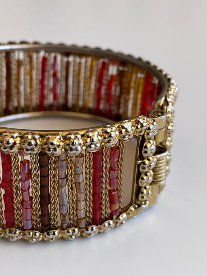 Vintage Gold-Tone Red & Amber Beaded Hinged Cuff Bracelet