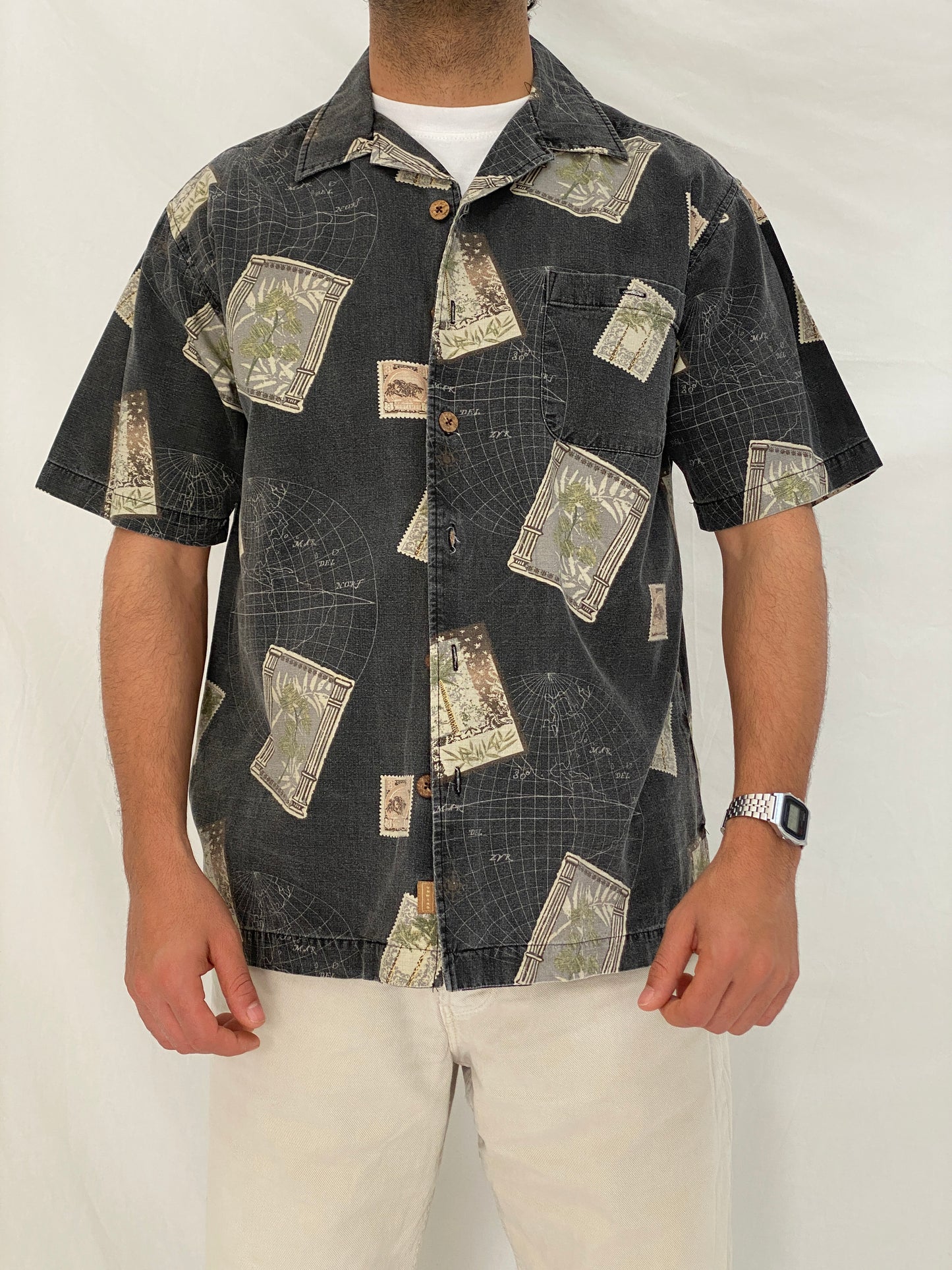 Vintage Joe Marlin Tropical Postcard Print Cotton Rayon Camp Shirt – M