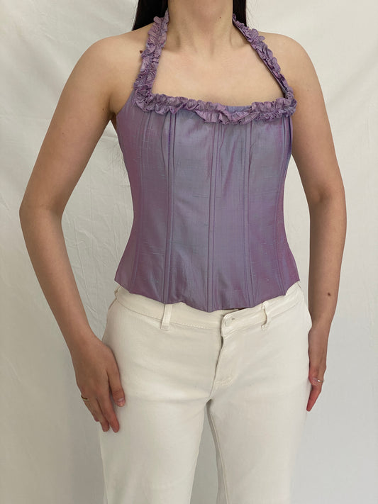 Vintage Y2K Lavender Metallic Corset Dressed for Evening Ruffle Halter Top - L