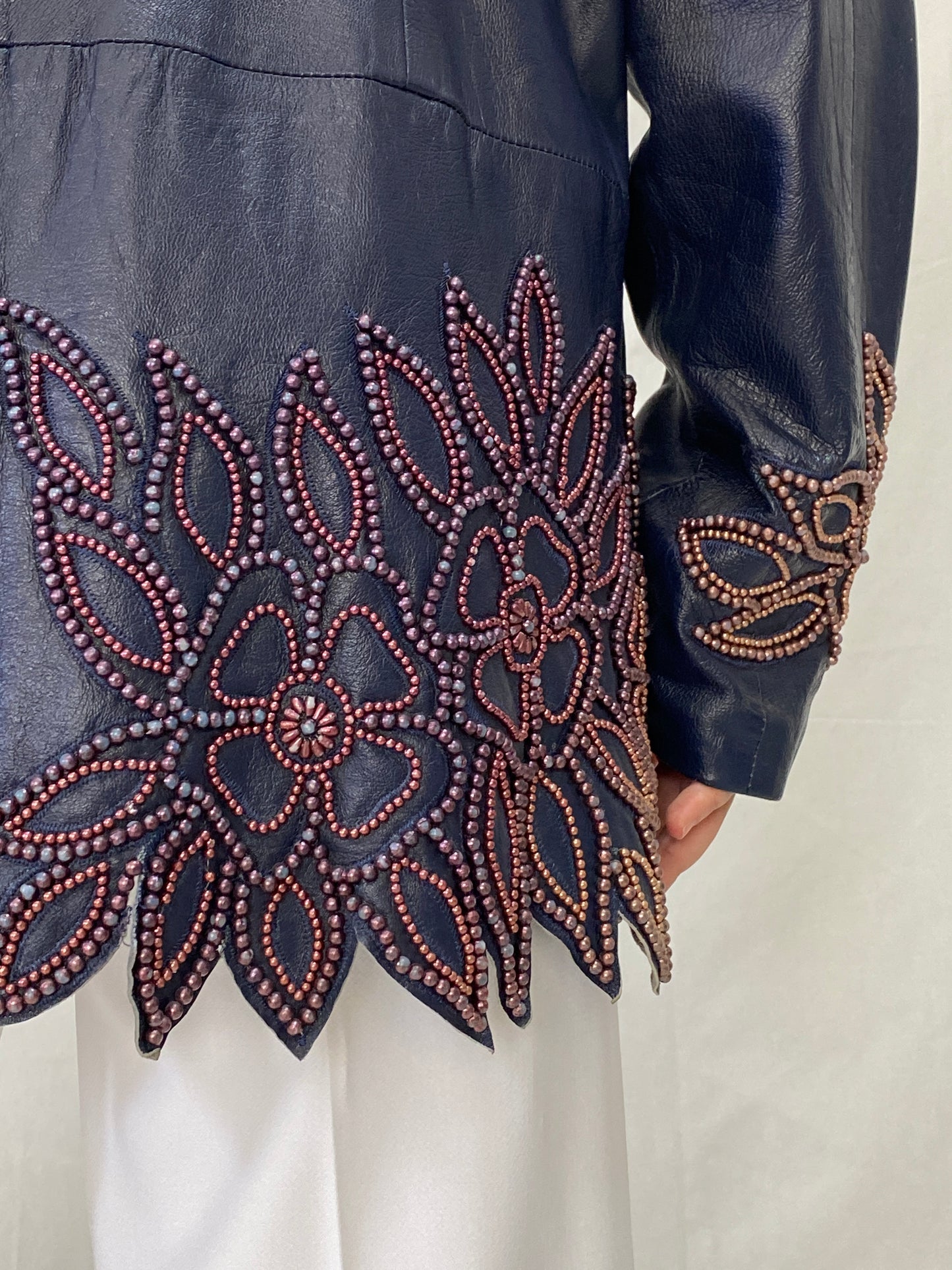 Vintage KOSHAR Genuine Leather Duster Coat Navy Beaded Cut-Out Floral Jacket - XL