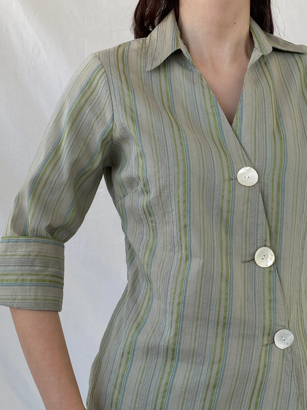 Y2K Kiabi Woman Office Core Green Striped Asymmetric Buttoned Shirt - M