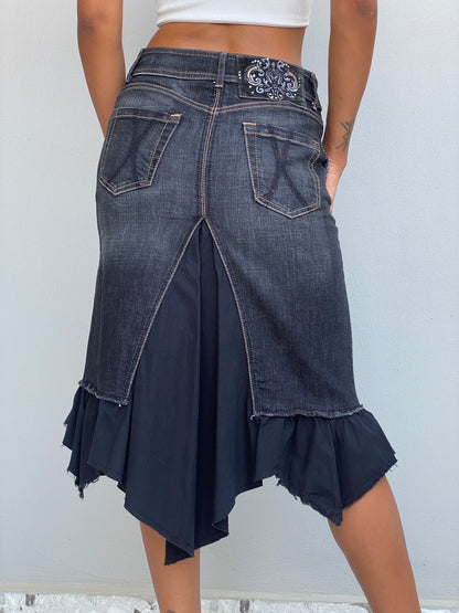 Y2K Mexx Dark Wash Denim Ruffle Midi Skirt Whimsigoth Hem – XS