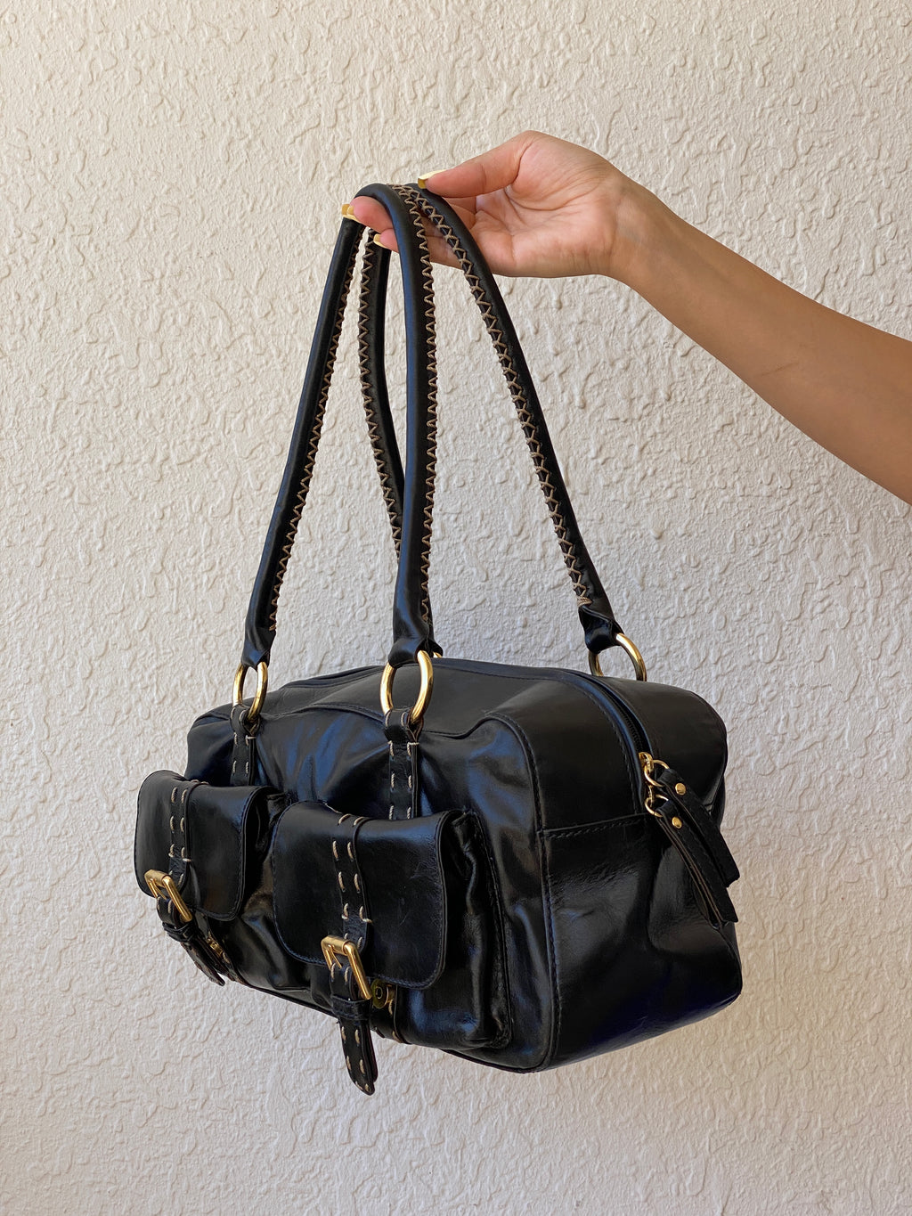 Vintage Hype Genuine Leather Satchel Shoulder Bag Black with Buckle & Stitching Detail Purse