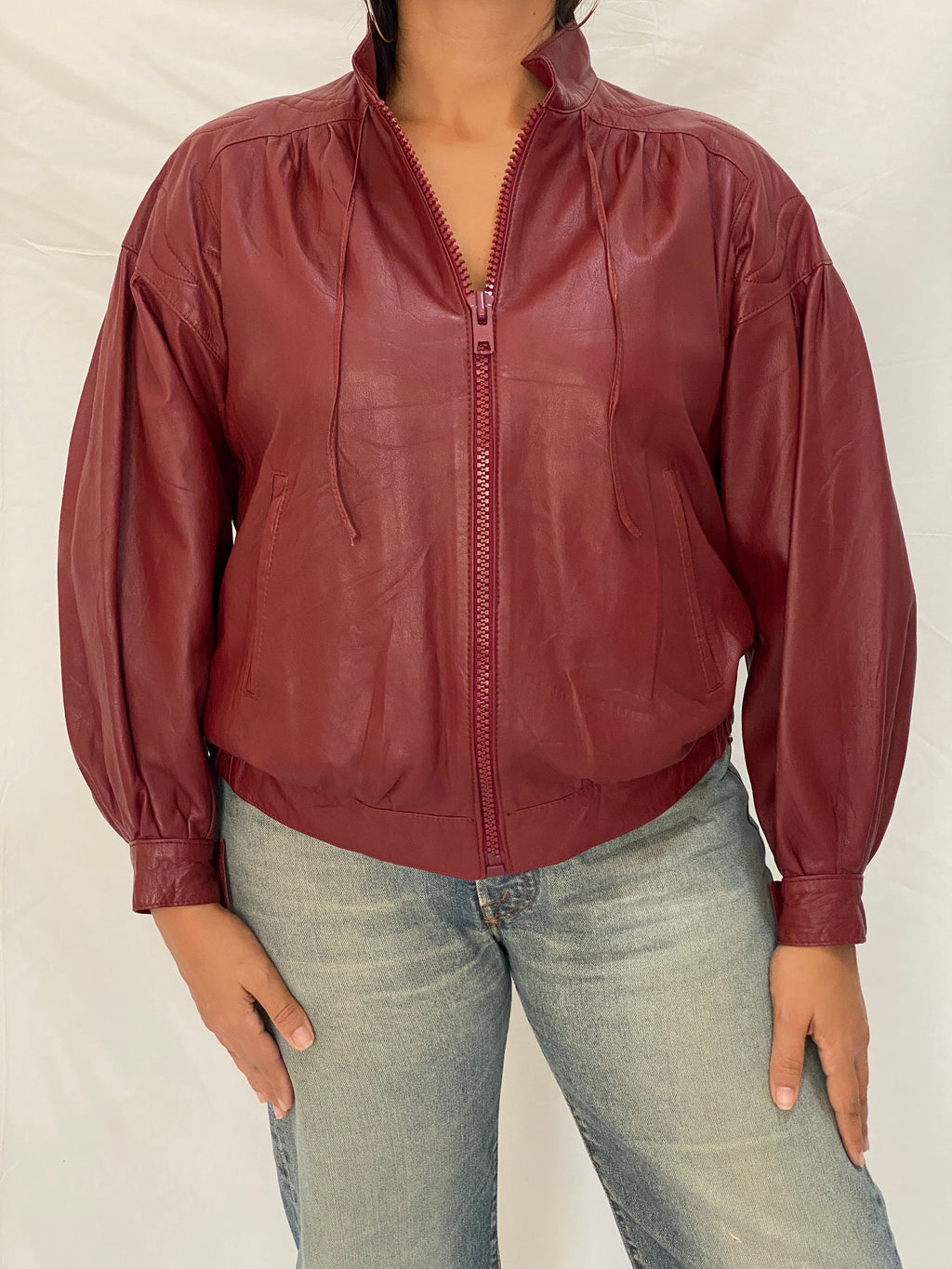 Rare Vintage Humberto J'Re Maroon Leather Bomber Dolman Sleeve Jacket - L