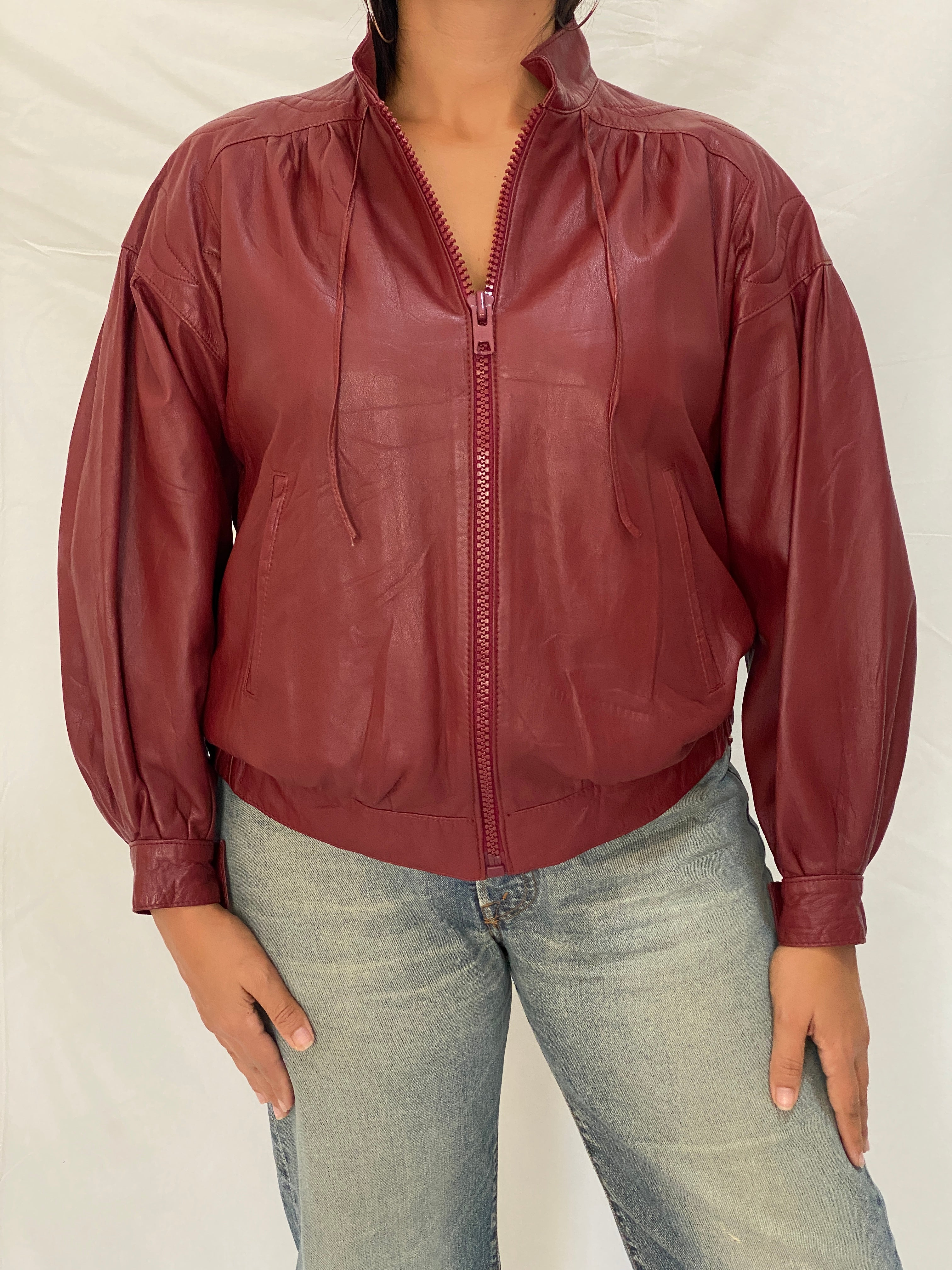 Rare Vintage Humberto J'Re Maroon Leather Bomber Dolman Sleeve Jacket - L