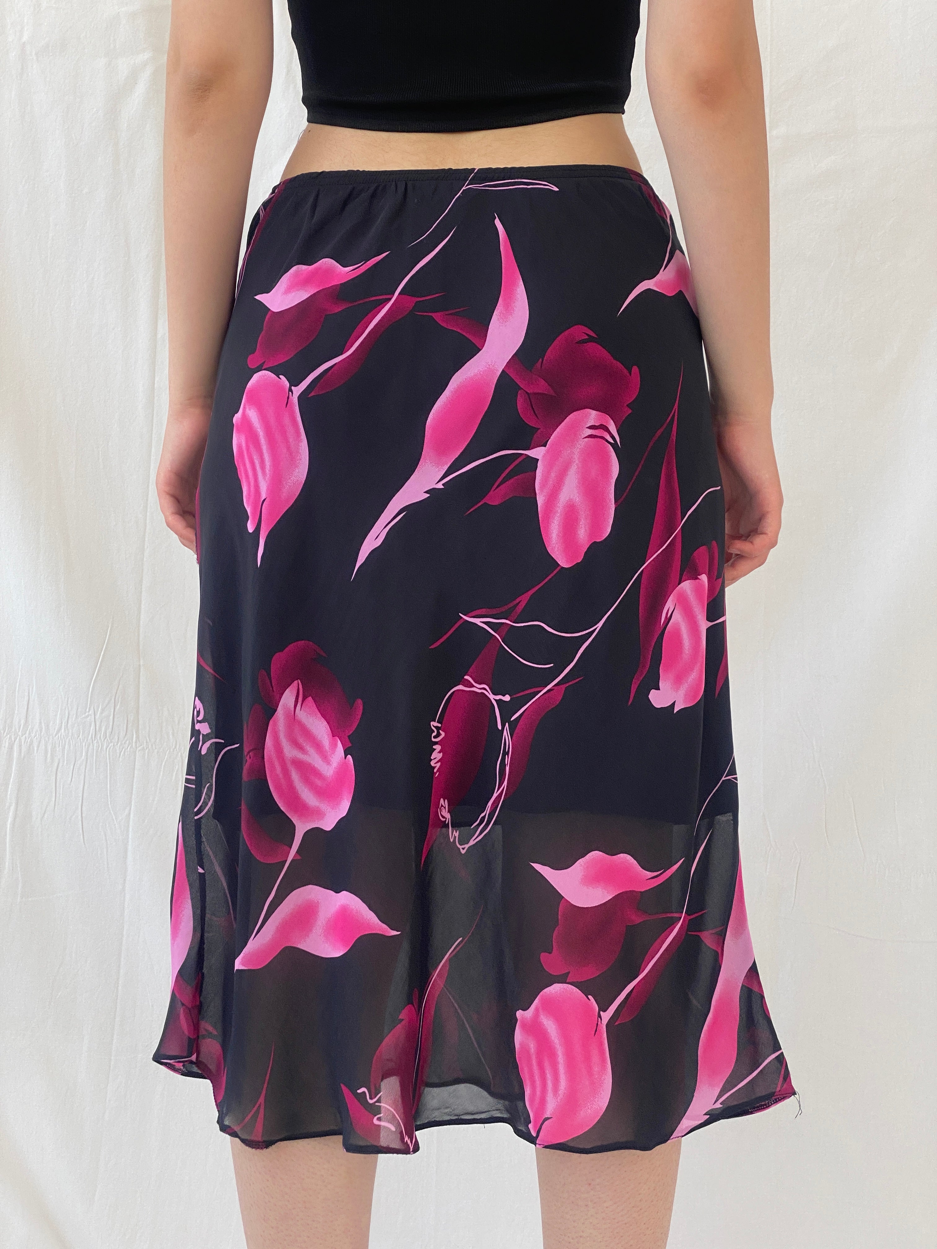 Vintage 90s Black Floral Print Pink Midi Skirt - L
