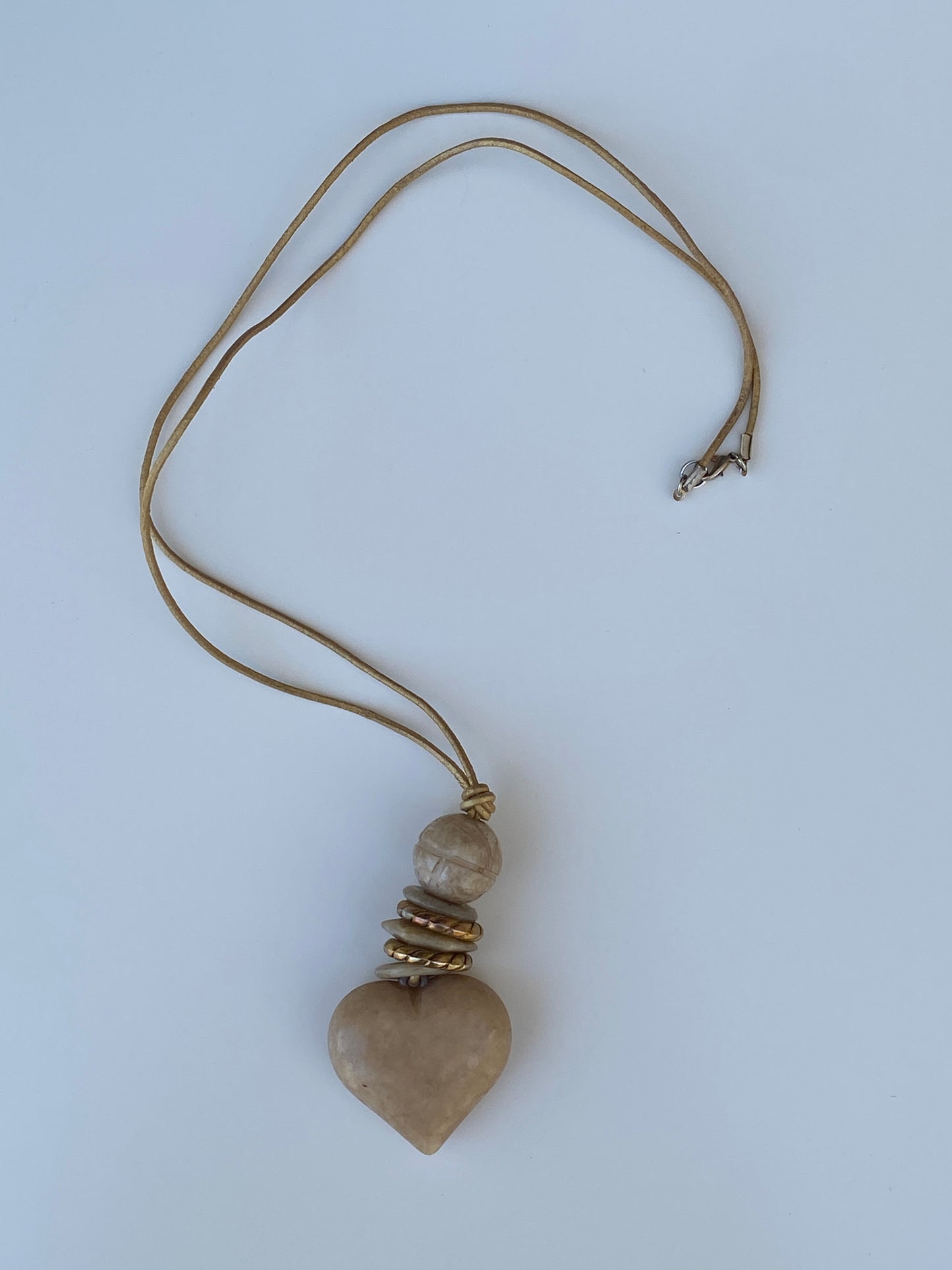 Vintage Artisan Heart Pendant Long Cord Beige Natural Stone Necklace