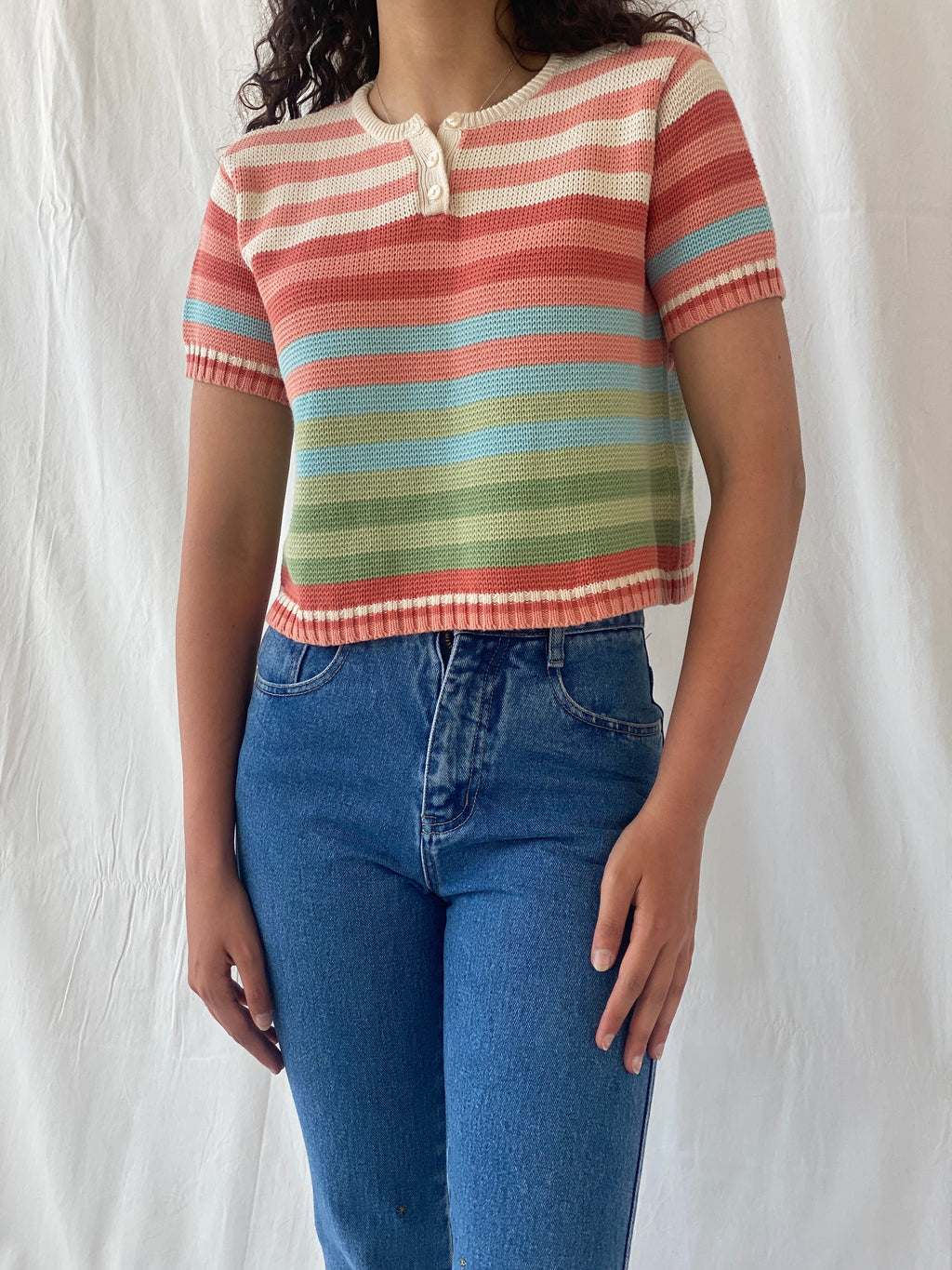 بلوزة ليز كلايبورن ليزوير المخططة باللون الوردي الباستيل من القطن المحبوك - مقاس صغير