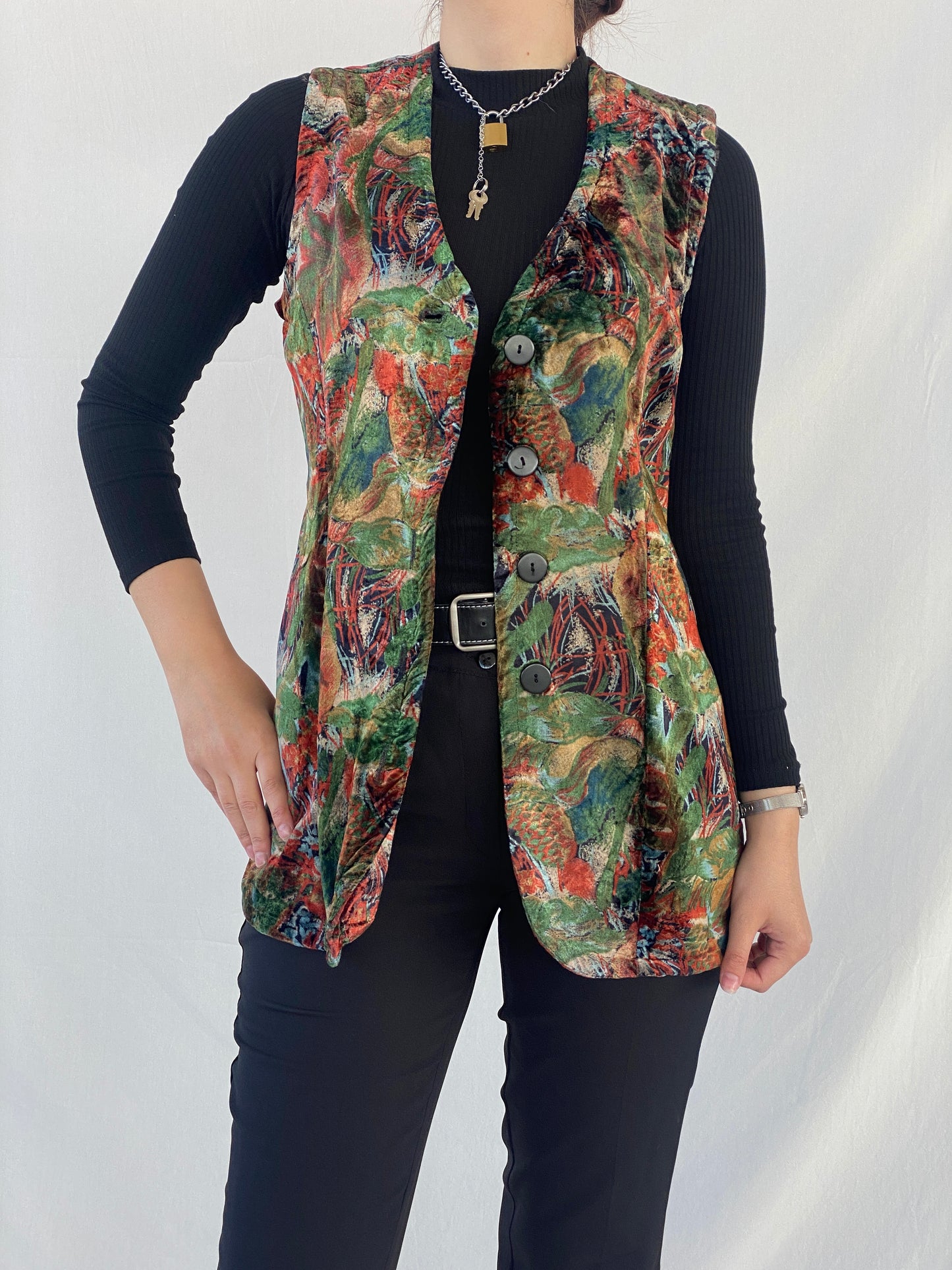 Vintage 90s Floral Orange & Green Velvet Buttoned Long Vest - XL