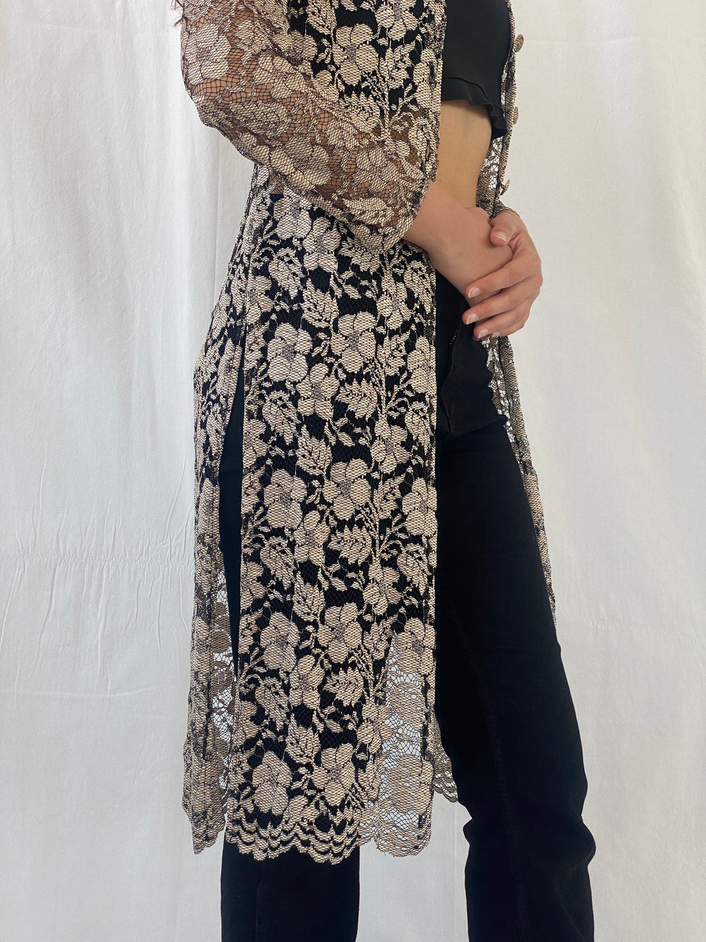 Stunning 90s Wallis Petite Gold Black Lace Long Cardigan - M