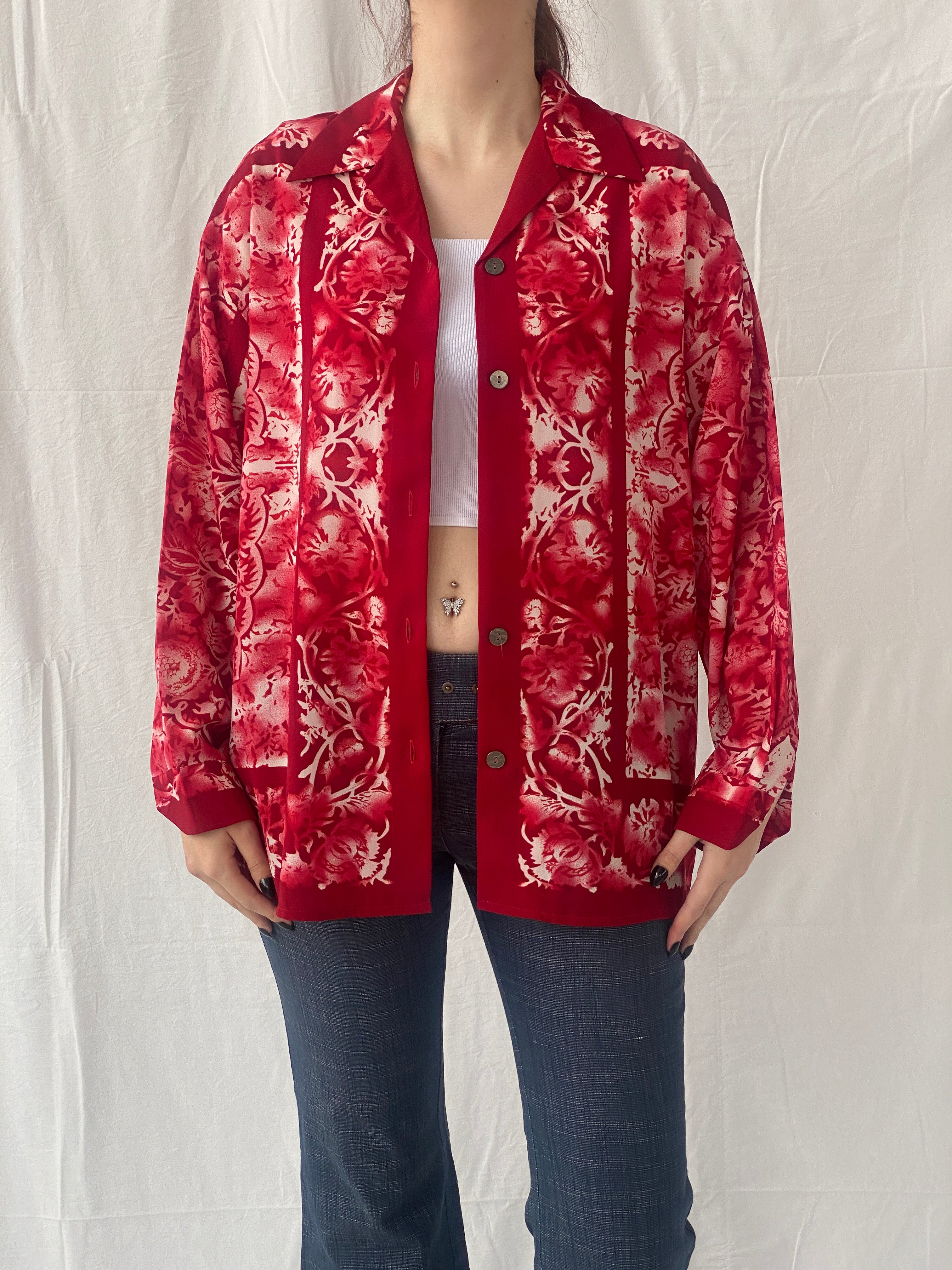 Vintage 90s Le Caviar Red & White Floral Full Sleeve Women’s Shirt - M