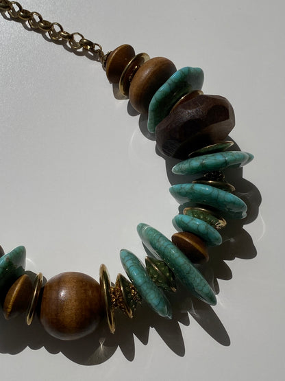 Vintage Boho Turquoise Disc Wood Bead Statement Chunky Necklace