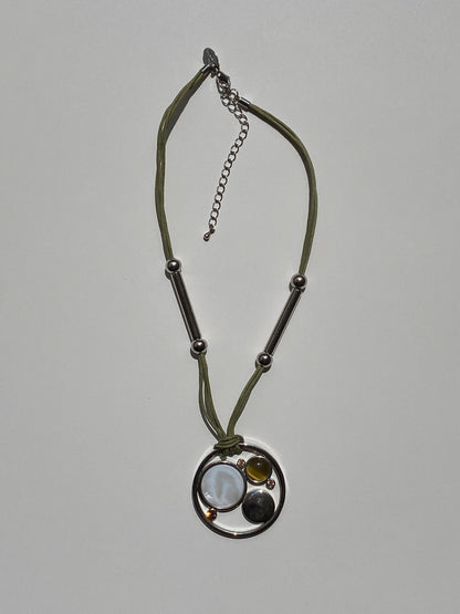 Vintage Y2K Lia Sophia Olive Cord & Gunmetal Multi-Stone Circle Pendant Necklace