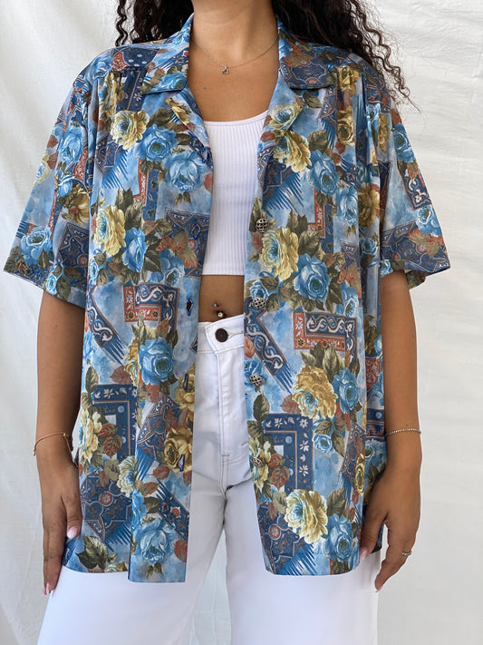 Vintage Blue Floral Print Half-Sleeve Oversized Shirt - XL