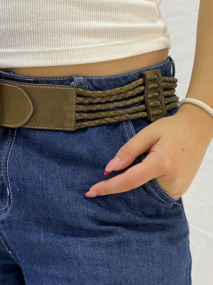 Vintage Genuine Leather Wide Braided Waist Belt with Square Buckle
