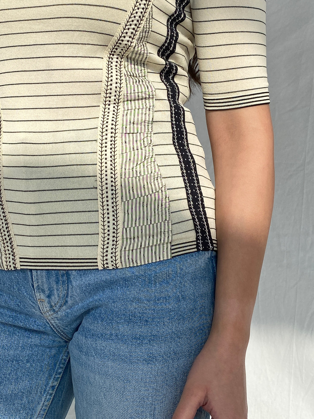 Vintage Beige Striped Women’s Top with Ruched Panels & Contrast Stitching - S