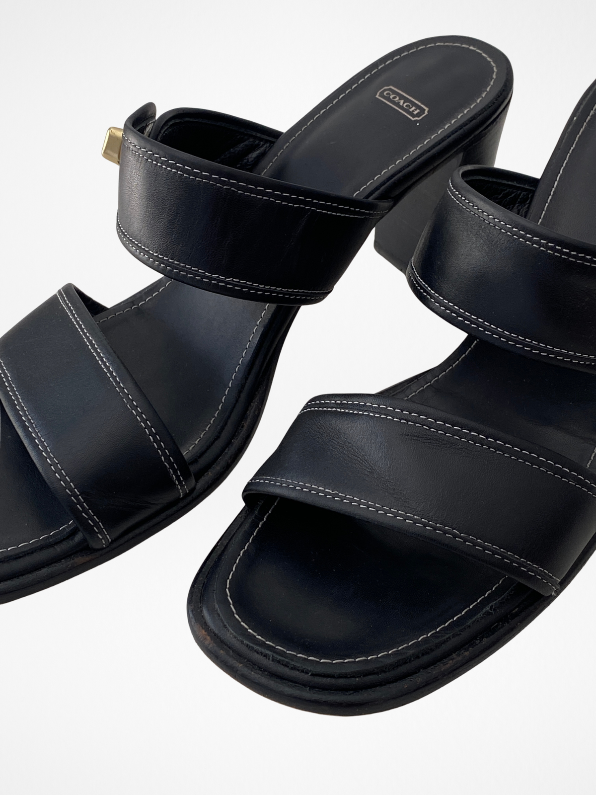 Vintage Coach Molly Black Leather Turnlock Block Heel Sandals - 38.5 EU