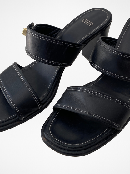 Vintage Coach Molly Black Leather Turnlock Block Heel Sandals - 38.5 EU