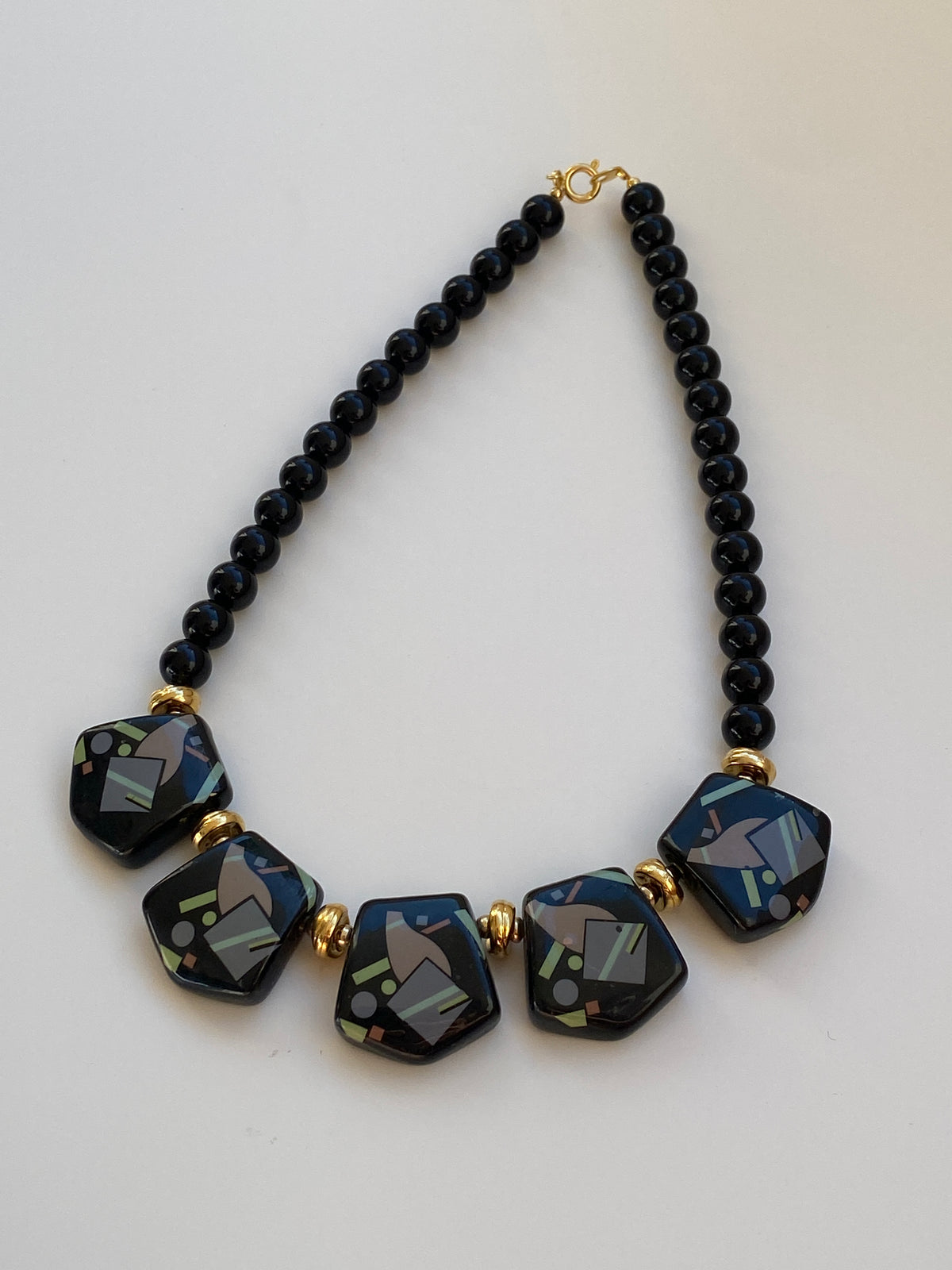 Vintage 1980s Art Deco Revival Black Geometric Beaded Statement Necklace Vintage 1980s Art Deco Revival Black Geometric Beaded Statement Necklace
