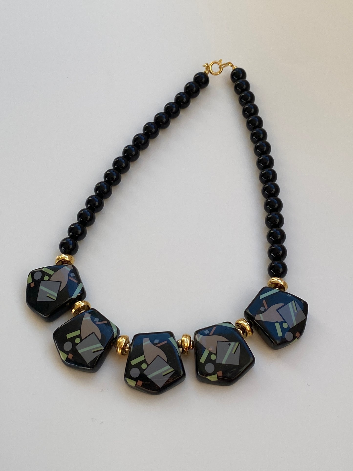 Vintage 1980s Art Deco Revival Black Geometric Beaded Statement Necklace