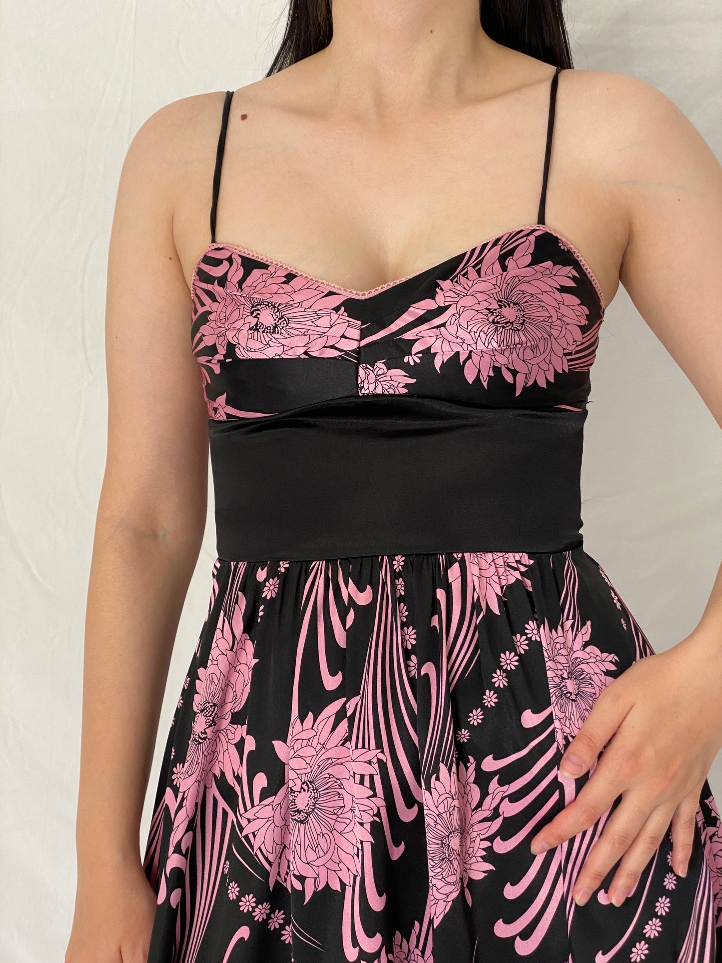 Vintage Y2K OXOXO Collection Black & Pink Floral Satin Dress – S