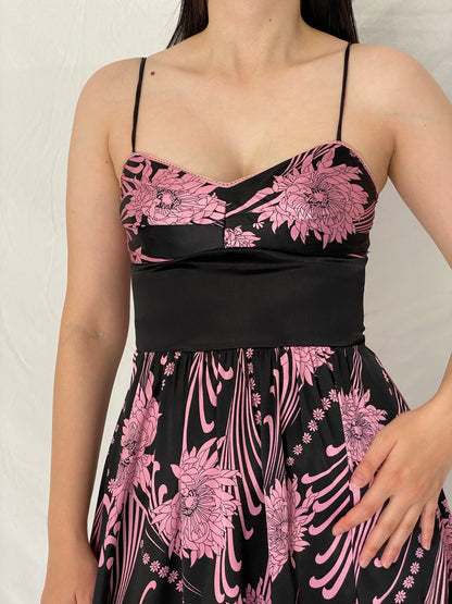 Vintage Y2K OXOXO Collection Black & Pink Floral Satin Dress – S
