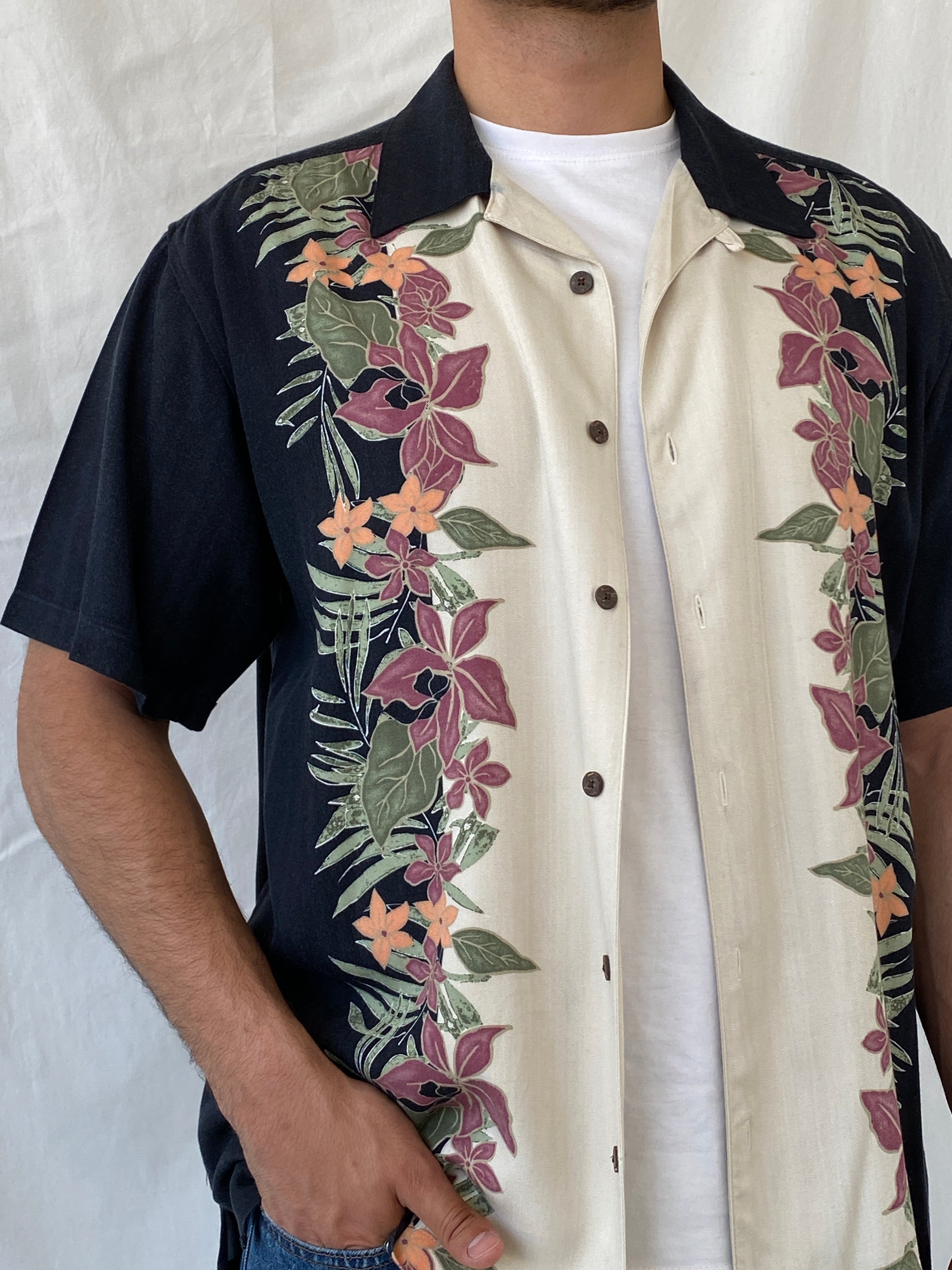 Vintage Red Macaw Black Floral Men’s Short Sleeve Hawaiian Rayon Beach Shirt - L
