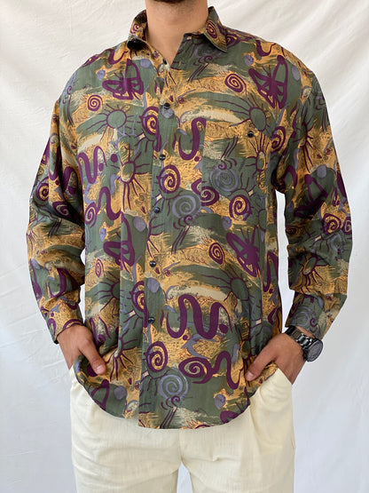 Vintage Protest Geometric Print Full Sleeve Silk Shirt - M