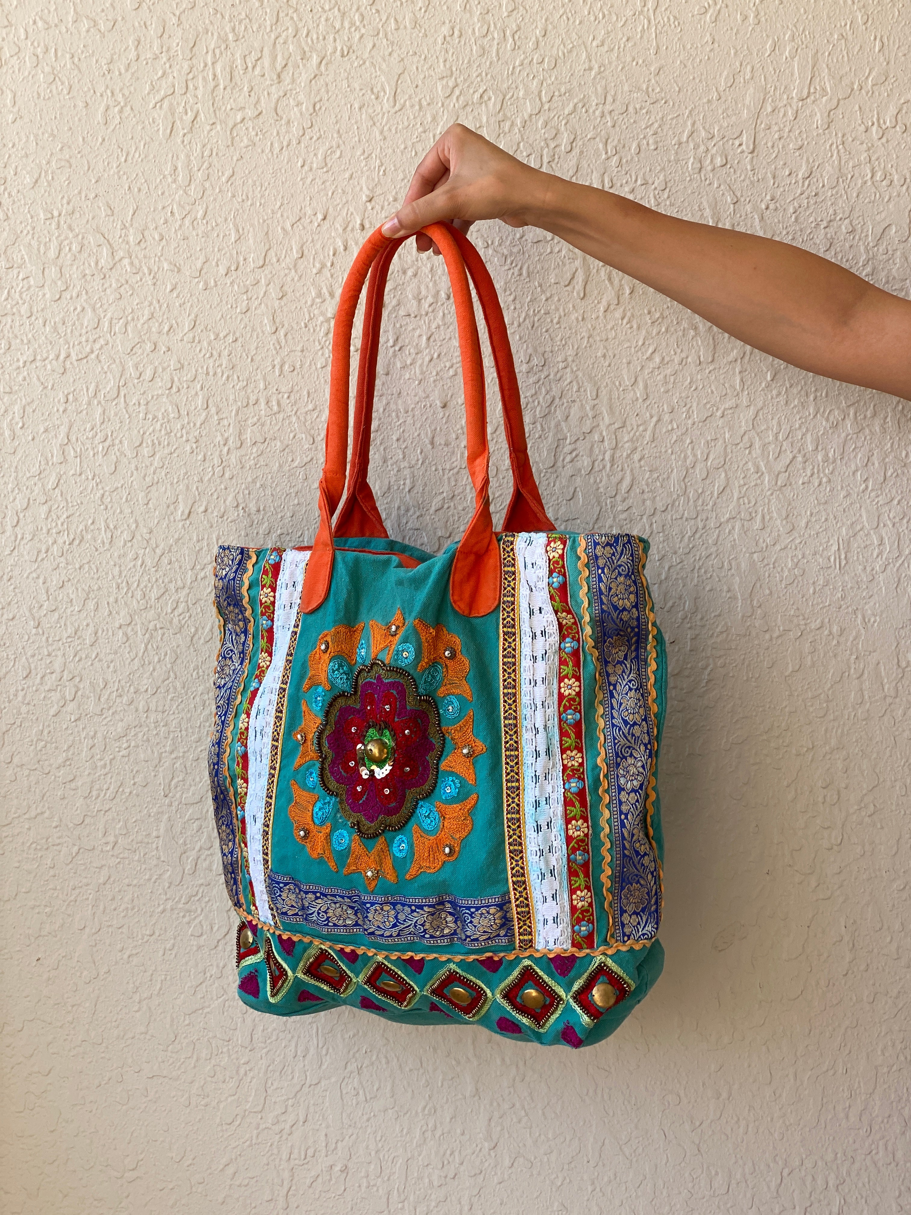 Antik Kraft Embroidered Cotton Tote Bag Boho Patchwork Festival Shoulder Bag